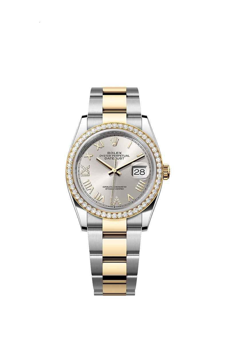 Rolex Datejust 36, Oystersteel and 18k Yellow Gold, Silver sunray set with Diamonds dial, Diamond-set bezel Oyster, Ref# 126283RBR-0038
