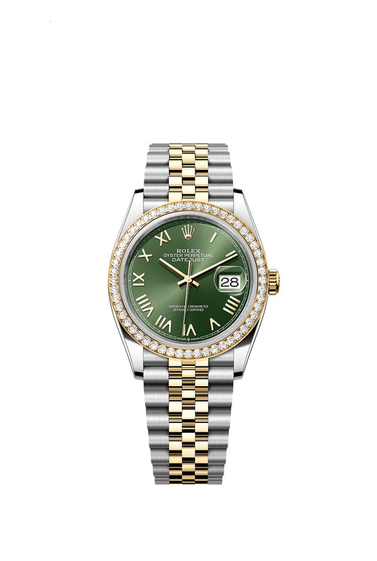 Rolex Datejust 36, Oystersteel and 18k Yellow Gold, Olive green sunray Roman dial, Diamond-set bezel Jubilee, Ref# 126283RBR-0039