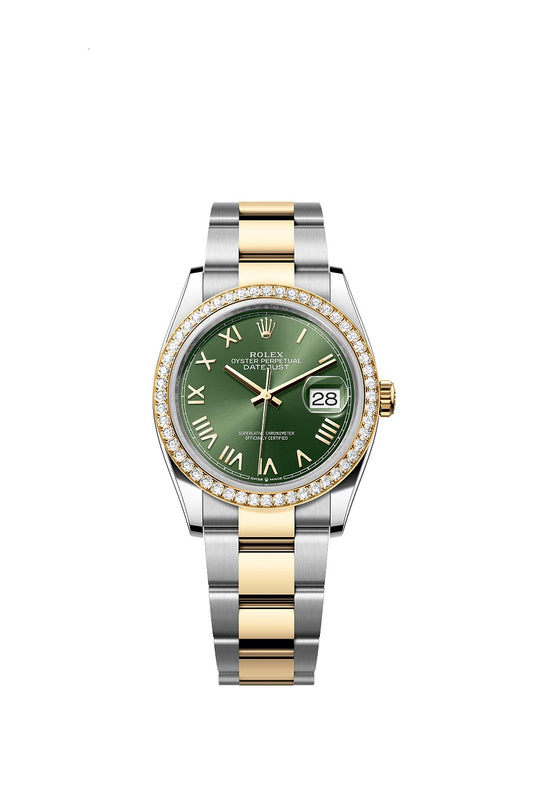 Rolex Datejust 36, Oystersteel and 18k Yellow Gold, Olive green sunray Roman dial, Diamond-set bezel Oyster, Ref# 126283RBR-0040
