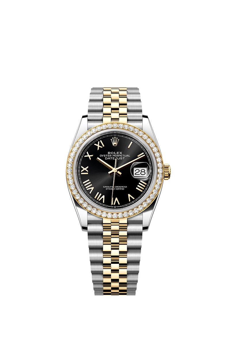 Rolex Datejust 36, Oystersteel and 18k Yellow Gold, Bright black sunray Roman dial, Diamond-set bezel Jubilee, Ref# 126283RBR-0041