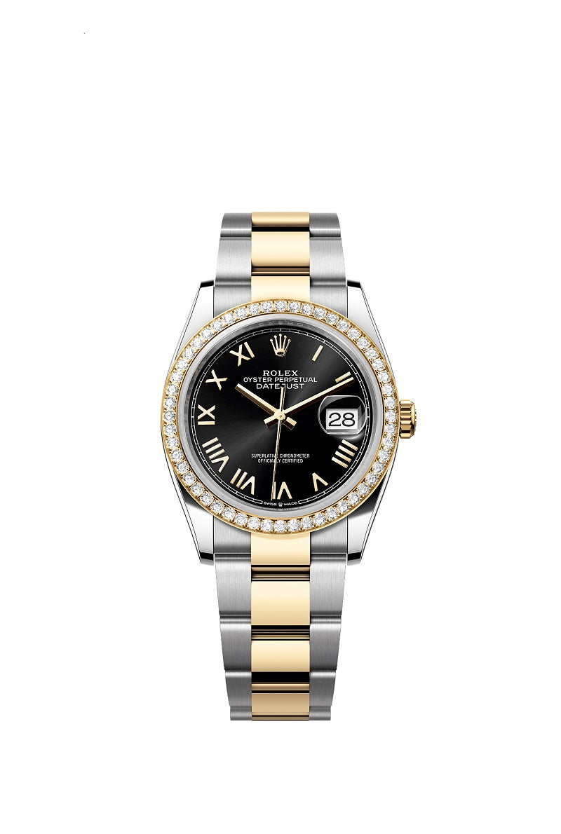 Rolex Datejust 36, Oystersteel and 18k Yellow Gold, Bright black sunray Roman dial, Diamond-set bezel Oyster, Ref# 126283RBR-0042