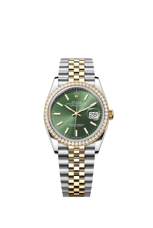 Unworn 2026, Rolex Datejust 36, Oystersteel and 18k Yellow Gold, Olive green sunray dial, Diamond-set bezel Jubilee, Ref# 126283RBR-0043