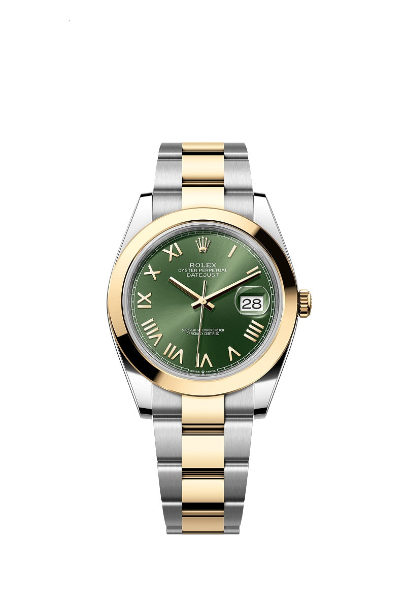 Rolex Datejust 41, Oystersteel and 18k Yellow Gold, Olive green sunray Roman dial, Smooth Oyster, Ref# 126303-0023