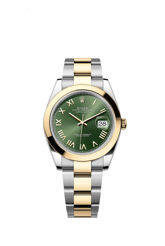 Rolex Datejust 41, Oystersteel and 18k Yellow Gold, Olive green sunray Roman dial, Smooth Oyster, Ref# 126303-0023