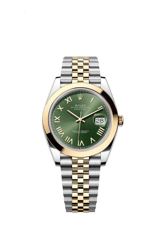 Rolex Datejust 41, Oystersteel and 18k Yellow Gold, Olive green Roman sunray dial, Smooth Jubilee, Ref# 126303-0024