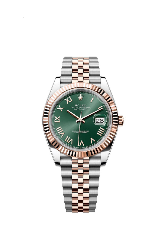 Rolex Datejust 41, Oystersteel and 18k Everose Gold, Mint green sunray Roman dial, Fluted Jubilee, Ref# 126331-0022