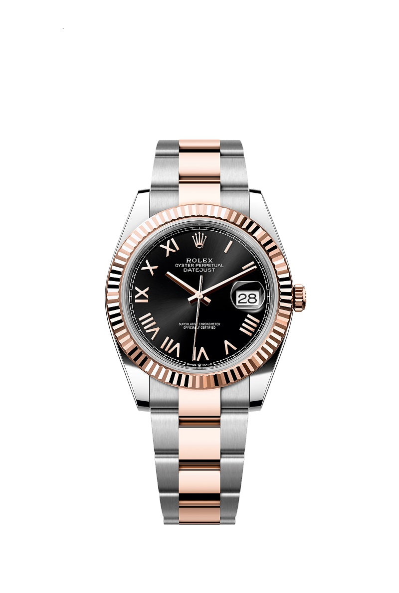 Rolex Datejust 41, Oystersteel and 18k Everose Gold, Bright black sunray Roman dial, Fluted Oyster, Ref# 126331-0023