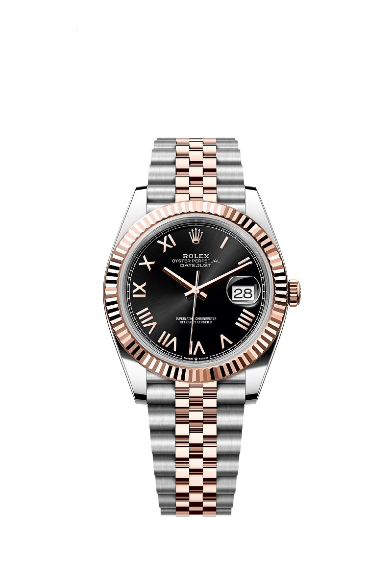 Rolex Datejust 41, Oystersteel and 18k Everose Gold, Bright black sunray Roman dial, Fluted Jubilee, Ref# 126331-0024