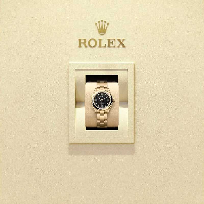 Rolex Oyster Perpetual, 18k Yellow Gold, 28mm, Black dial, Domed Oyster, Ref# 276208-0001, Watch in box