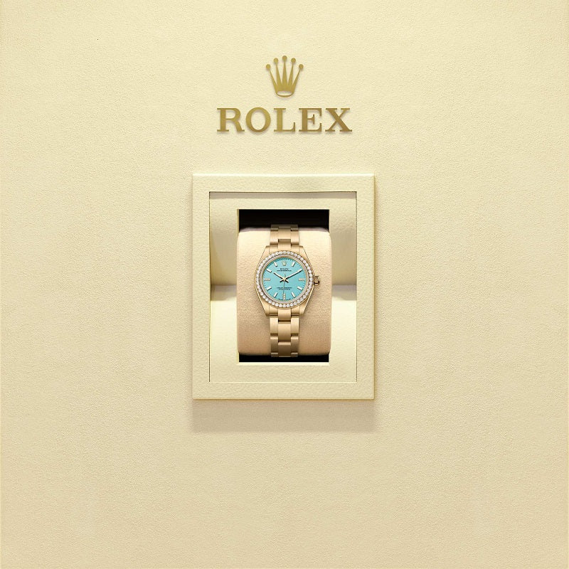 Rolex Oyster Perpetual, 18k Yellow Gold and Diamonds, 28mm, Turquoise blue dial, Oyster, Ref# 276248rbr-0001, Watch in box