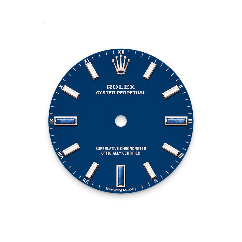 Rolex Oyster Perpetual 34, 18k Everose Gold, 34mm, Blue stone dial, Domed Oyster, Ref# 124205-0002, Dial
