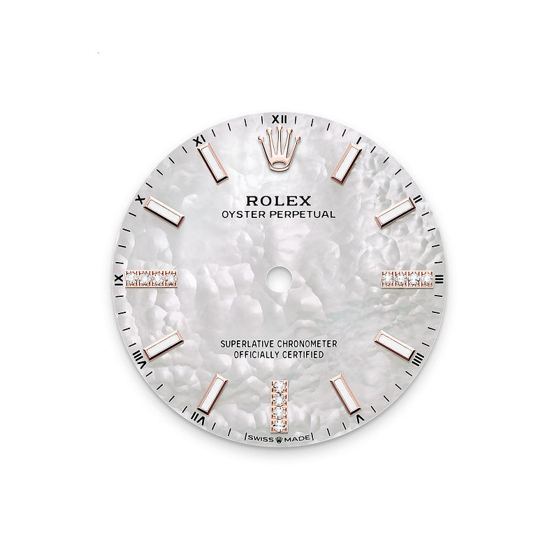 Rolex Oyster Perpetual 34, 18k Everose Gold and Diamonds, 34mm, White Mother-of-Pearl dial, Oyster, Ref# 124245rbr-0002, Dial