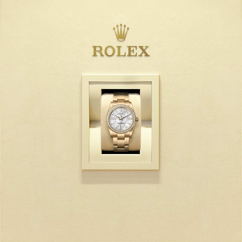 Rolex Oyster Perpetual 34, 18k Yellow Gold and Diamonds, 34mm, White Mother-of-Pearl dial, Oyster, Ref# 124248rbr-0001, Watch in box