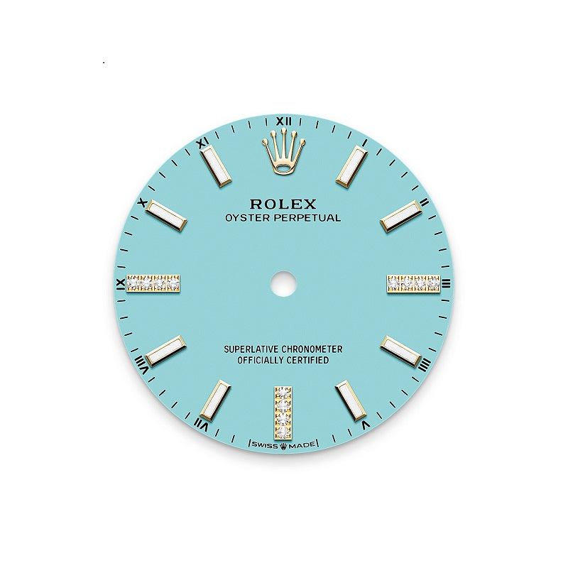 Rolex Oyster Perpetual 34, 18k Yellow Gold and Diamonds, 34mm, Turquoise Blue dial, Oyster, Ref# 124248rbr-0002, Dial