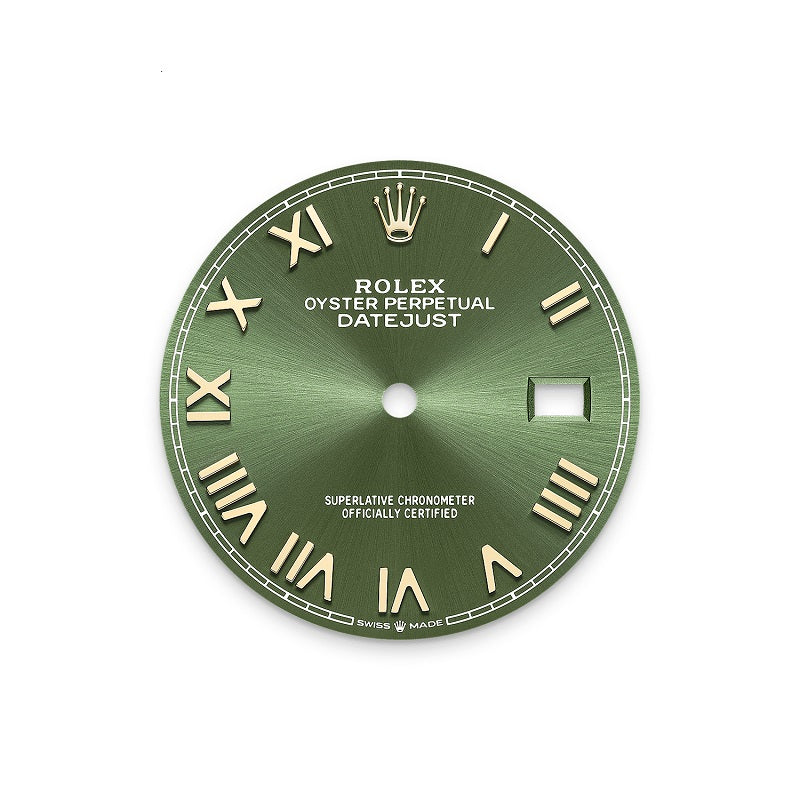 Rolex Datejust 36, Oystersteel and 18k Yellow Gold, Olive green Roman sunray dial, Domed Oyster, Ref# 126203-0054, Dial