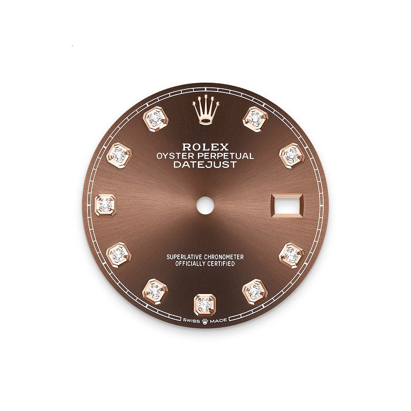 Rolex Datejust 36, Oystersteel and 18k Everose Gold, Chocolate sunray set with 10 diamonds dial, Fluted Oyster, Ref# 126231-0054, Dial
