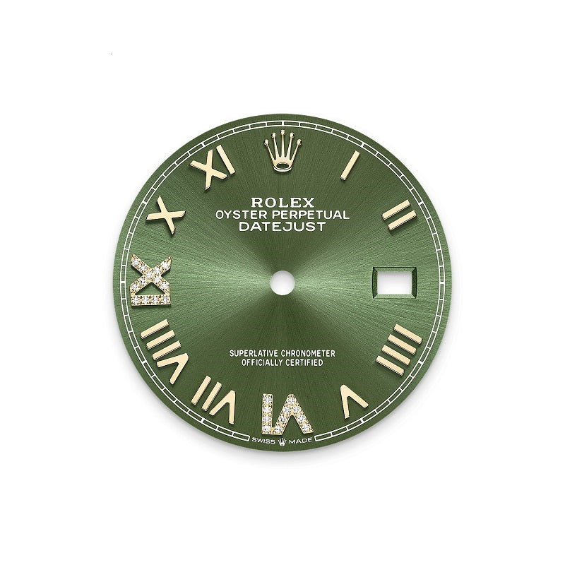 Rolex Datejust 36, Oystersteel and 18k Yellow Gold, Olive green sunray set with Diamonds dial, Fluted Jubilee, Ref# 126233-0049, Dial