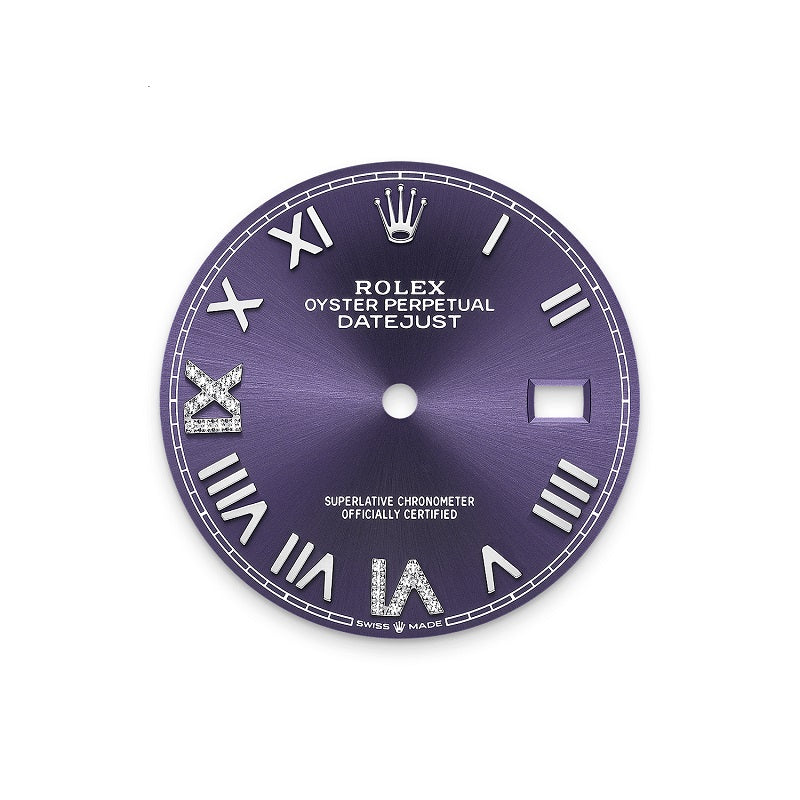 Rolex Datejust 36, Oystersteel and 18k White Gold, Aubergine set with diamonds dial, Diamond-set bezel Oyster, Ref# 126284rbr-0056, Dial