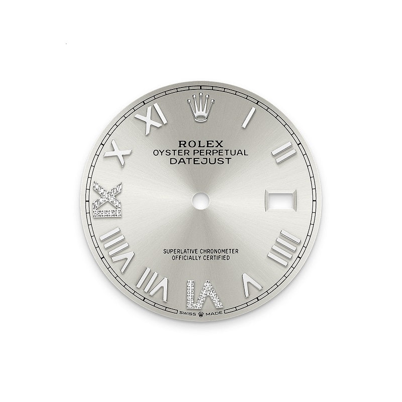 Rolex Datejust 36, Oystersteel and 18k White Gold, Silver set with diamonds dial, Diamond-set bezel Jubilee, Ref# 126284rbr-0059, Dial