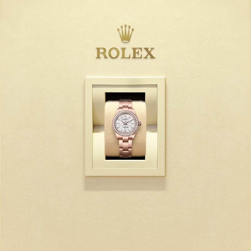 Rolex Oyster Perpetual 28, 18k Everose Gold and Diamonds, 28mm, White Mother-of-Pearl dial, Oyster, Ref# 276245rbr-0001, Watch in box