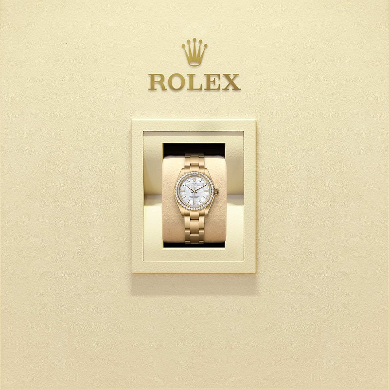 Rolex Oyster Perpetual, 18k Yellow Gold and Diamonds, 28mm, White Mother-of-Pearl dial, Oyster, Ref# 276248rbr-0002, Watch in box