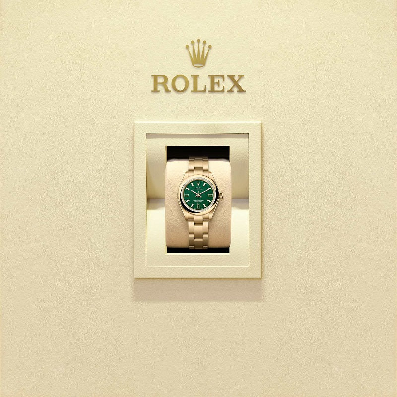 Rolex Oyster Perpetual, 18k Yellow Gold, 28mm, Green dial, Domed Oyster, Ref# 276208-0002, Watch in box