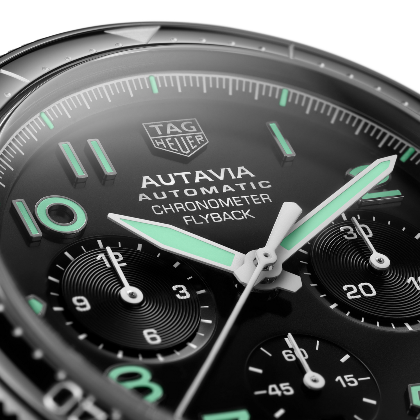 TAG Heuer Autavia Flyback Chronometer, 42 mm, Black DLC Stainless Steel and ceramic, Ref# CBE511C.FC8280, Hands and markers