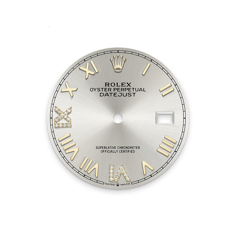 Rolex Datejust 36, Oystersteel and 18k Yellow Gold, Silver set with Diamonds dial, Fluted Jubilee, Ref# 126233-0051, Dial
