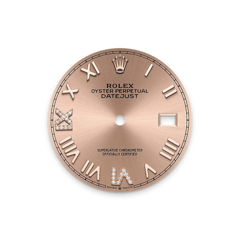 Rolex Datejust 36, Oystersteel and 18k Everose Gold, Rosé-colour set with diamonds dial, Diamond-set bezel Jubilee, Ref# 126281rbr-0037, Dial