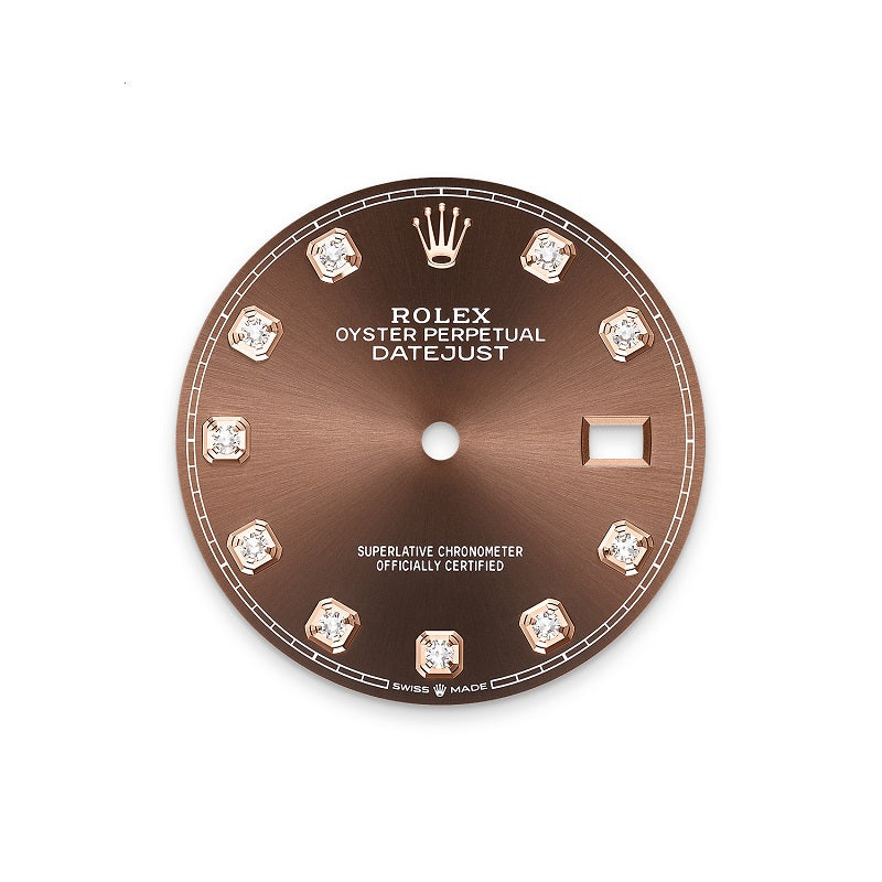 Rolex Datejust 36, Oystersteel and 18k Everose Gold, Chocolate sunray set with 10 diamonds dial, Diamond-set bezel Jubilee, Ref# 126281rbr-0041, Dial