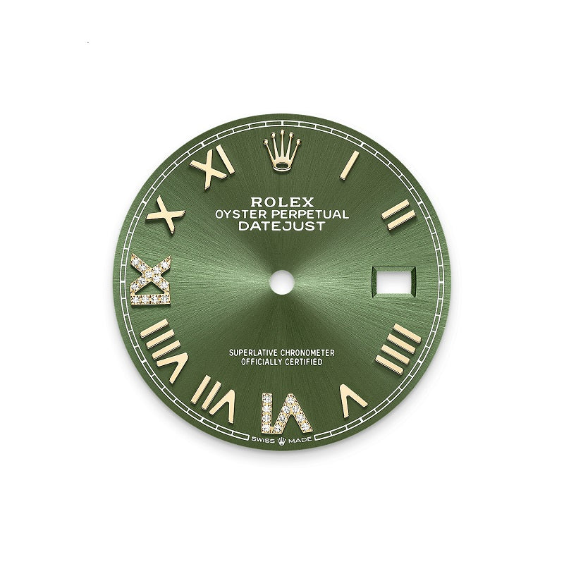 Rolex Datejust 36, Oystersteel and 18k Yellow Gold, Olive green sunray set with Diamonds dial, Diamond-set bezel Jubilee, Ref# 126283RBR-0035, Dial