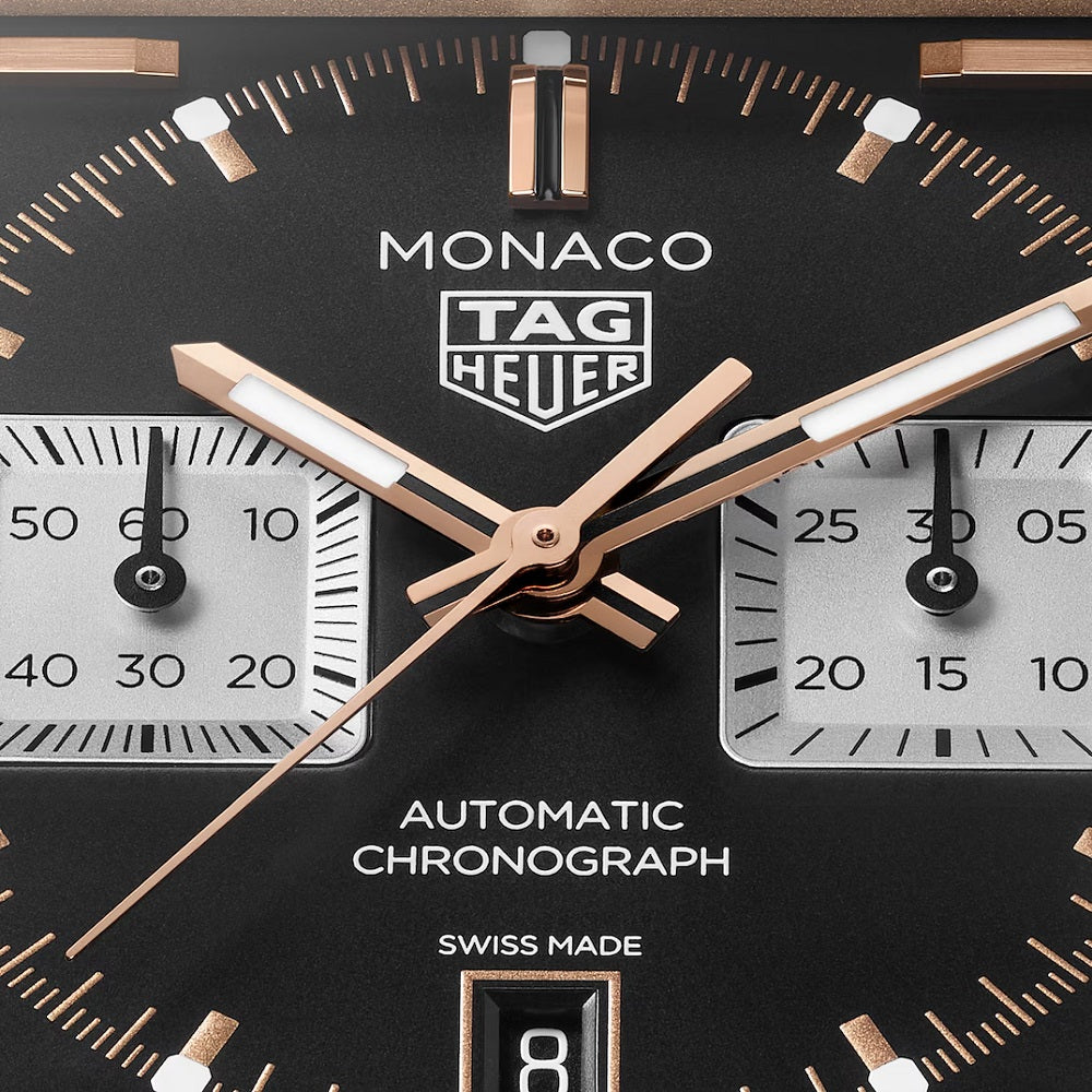 TAG Heuer Monaco Chronograph Automatic 39mm Titanium and 18k 5N Rose Gold, Ref# CDW2150.FC8360, Hands and indexes
