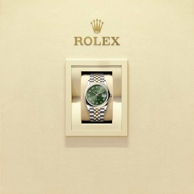 Rolex Datejust 36, Oystersteel and 18k Yellow Gold, Olive green Roman sunray dial, Domed Jubilee, Ref# 126203-0053, watch in box