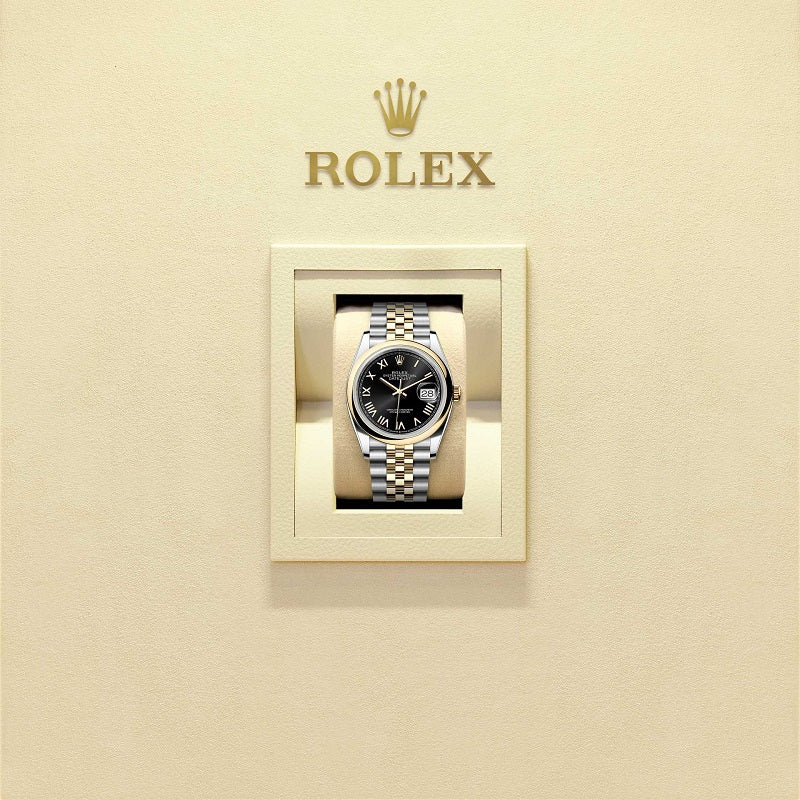 Rolex Datejust 36, Oystersteel and 18k Yellow Gold, Bright black Roman sunray dial, Domed Jubilee, Ref# 126203-0055, Watch in box