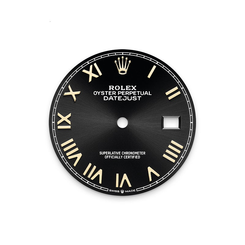 Rolex Datejust 36, Oystersteel and 18k Yellow Gold, Bright black sunray Roman dial, Fluted Oyster, Ref# 126233-0056, Dial