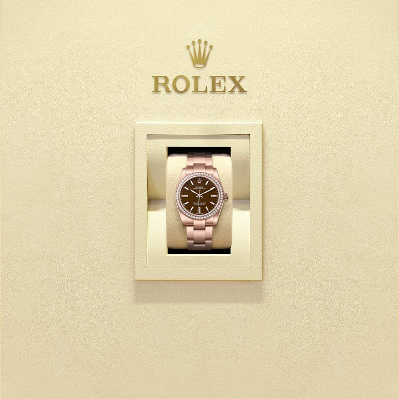 Rolex Oyster Perpetual 34, 18k Everose Gold and Diamonds, 34mm, Brown Stone dial, Oyster, Ref# 124245rbr-0001, Watch in box