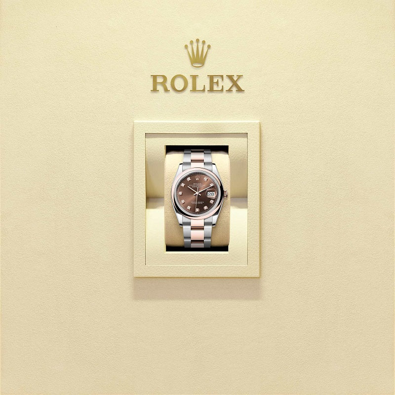 Rolex Datejust 36, Oystersteel and 18k Everose Gold, Chocolate sunray set with 10 diamonds dial, Domed Oyster, Ref# 126201-0054, Watch in box