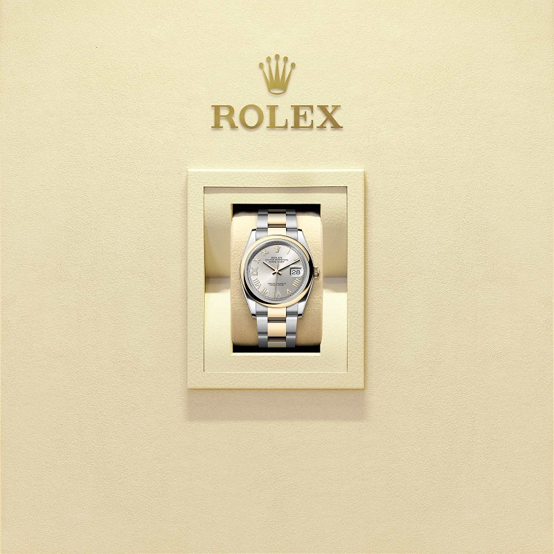 Rolex Datejust 36, Oystersteel and 18k Yellow Gold, Silver set with Diamonds dial, Domed Oyster, Ref# 126203-0052, Watch in box