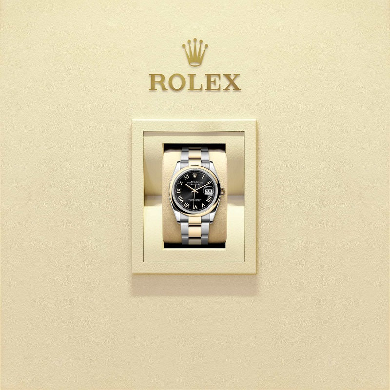 Rolex Datejust 36, Oystersteel and 18k Yellow Gold, Bright black Roman sunray dial, Domed Oyster, Ref# 126203-0056, Watch in box