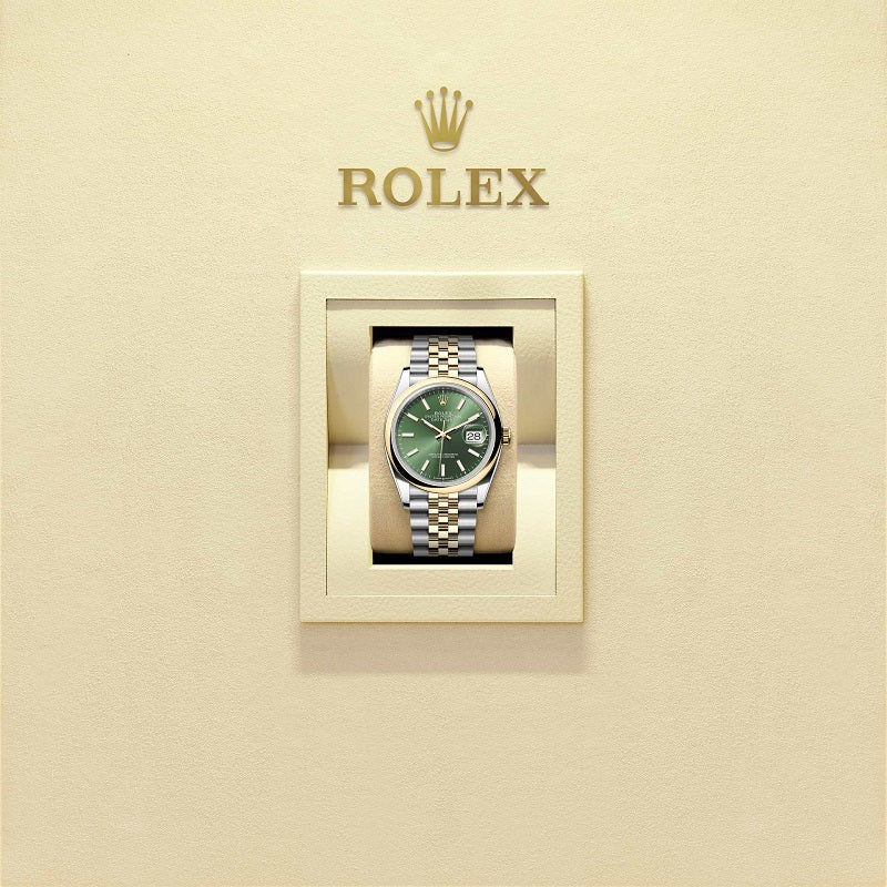 Rolex Datejust 36, Oystersteel and 18k Yellow Gold, Olive green sunray dial, Domed Jubilee, Ref# 126203-0057, Watch in box