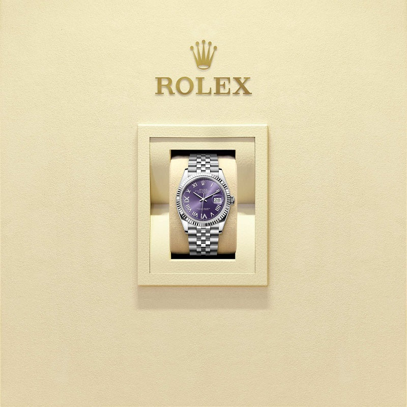 Rolex Datejust 36, Oystersteel and 18k White Gold, Aubergine set with diamonds dial, Fluted Jubilee, Ref# 126234-0063, Watch in box