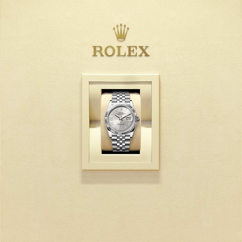 Rolex Datejust 36, Oystersteel and 18k White Gold, Silver set with diamonds dial, Fluted Jubilee, Ref# 126234-0067, Watch in box