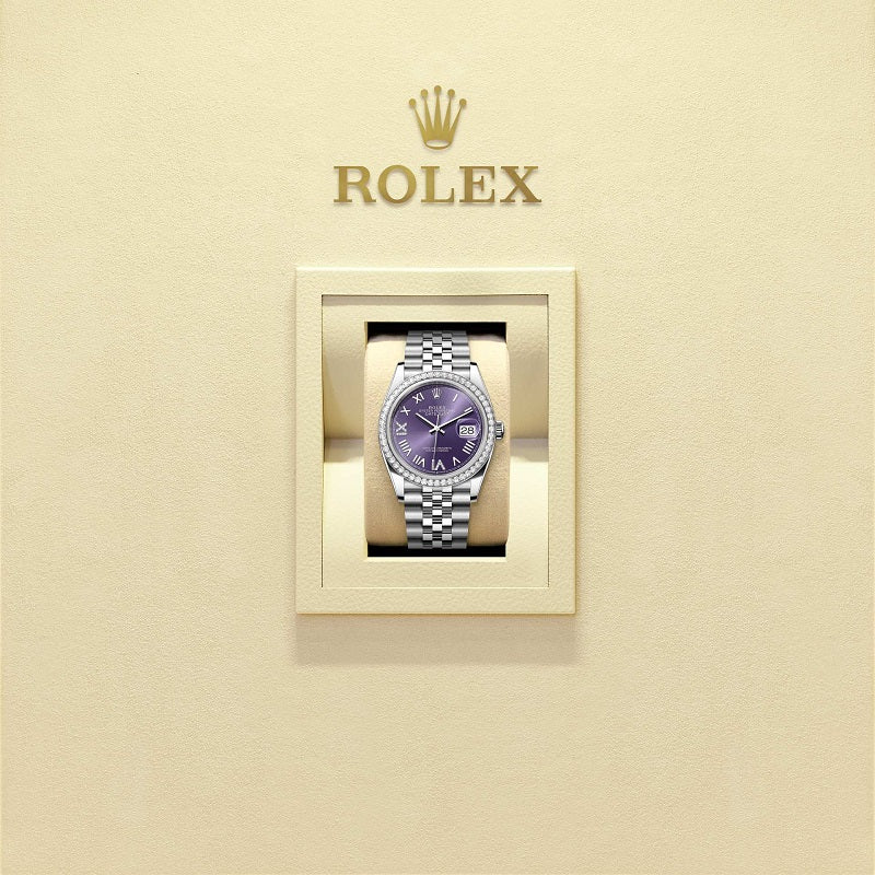 Rolex Datejust 36, Oystersteel and 18k White Gold, Aubergine set with diamonds dial, Diamond-set bezel Jubilee, Ref# 126284rbr-0055, Watch in box