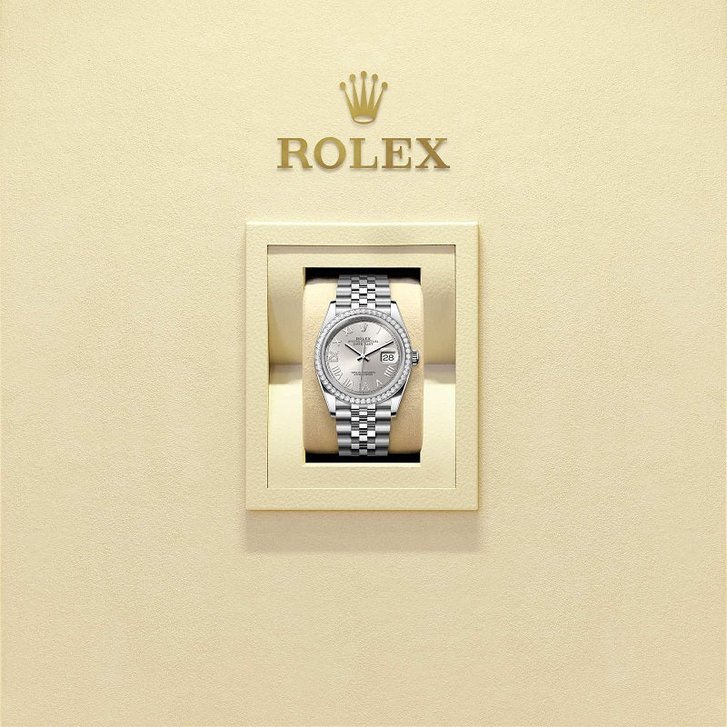 Rolex Datejust 36, Oystersteel and 18k White Gold, Silver set with diamonds dial, Diamond-set bezel Jubilee, Ref# 126284rbr-0059, Watch in box