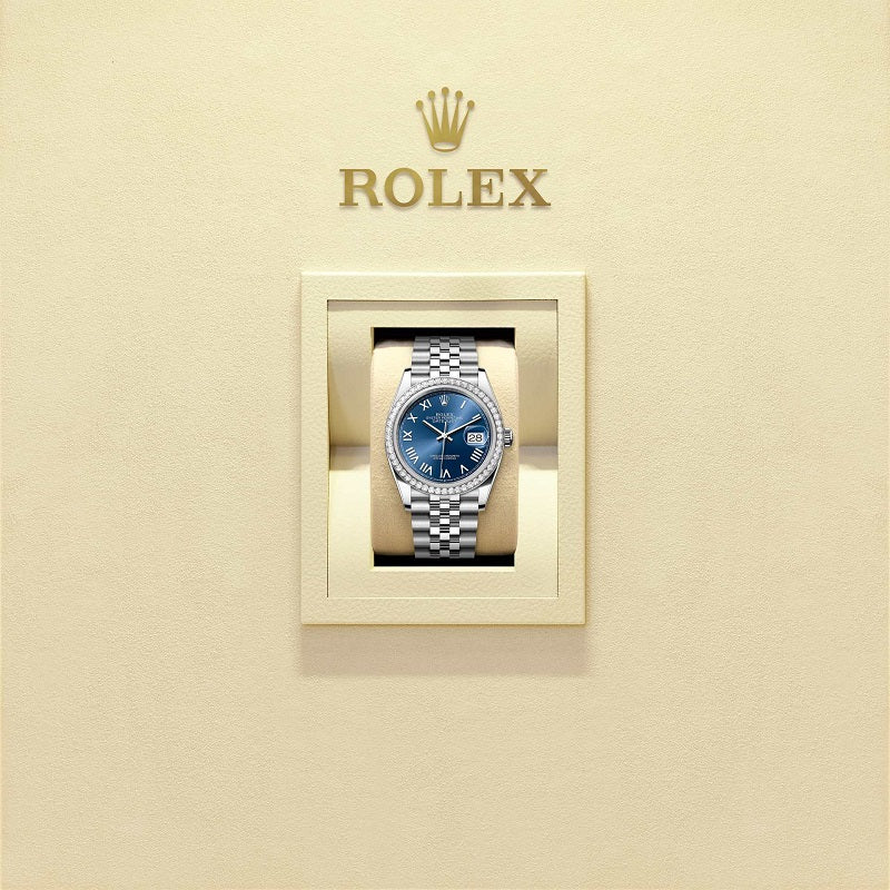 Rolex Datejust 36, Oystersteel and 18k White Gold, Bright blue sunray dial, Diamond-set bezel Jubilee, Ref# 126284rbr-0061, Watch in box