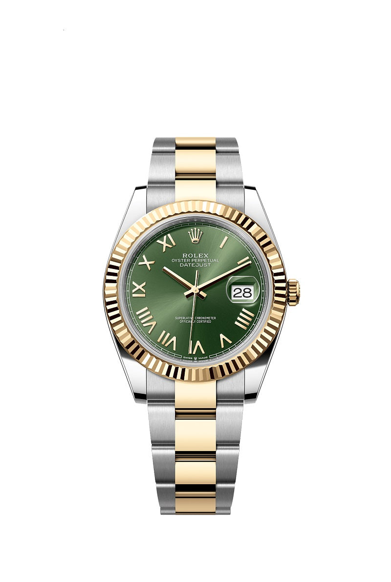 Rolex Datejust 41, Oystersteel and 18k Yellow Gold, Olive green sunray Roman dial, Fluted Oyster, Ref# 126333-0023