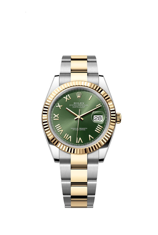 Rolex Datejust 41, Oystersteel and 18k Yellow Gold, Olive green sunray Roman dial, Fluted Oyster, Ref# 126333-0023