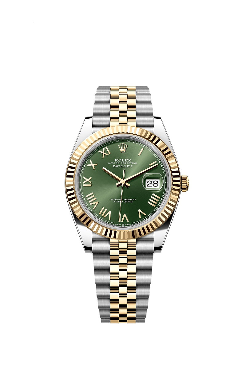 Rolex Datejust 41, Oystersteel and 18k Yellow Gold, Olive green Roman sunray dial, Fluted Jubilee, Ref# 126333-0024