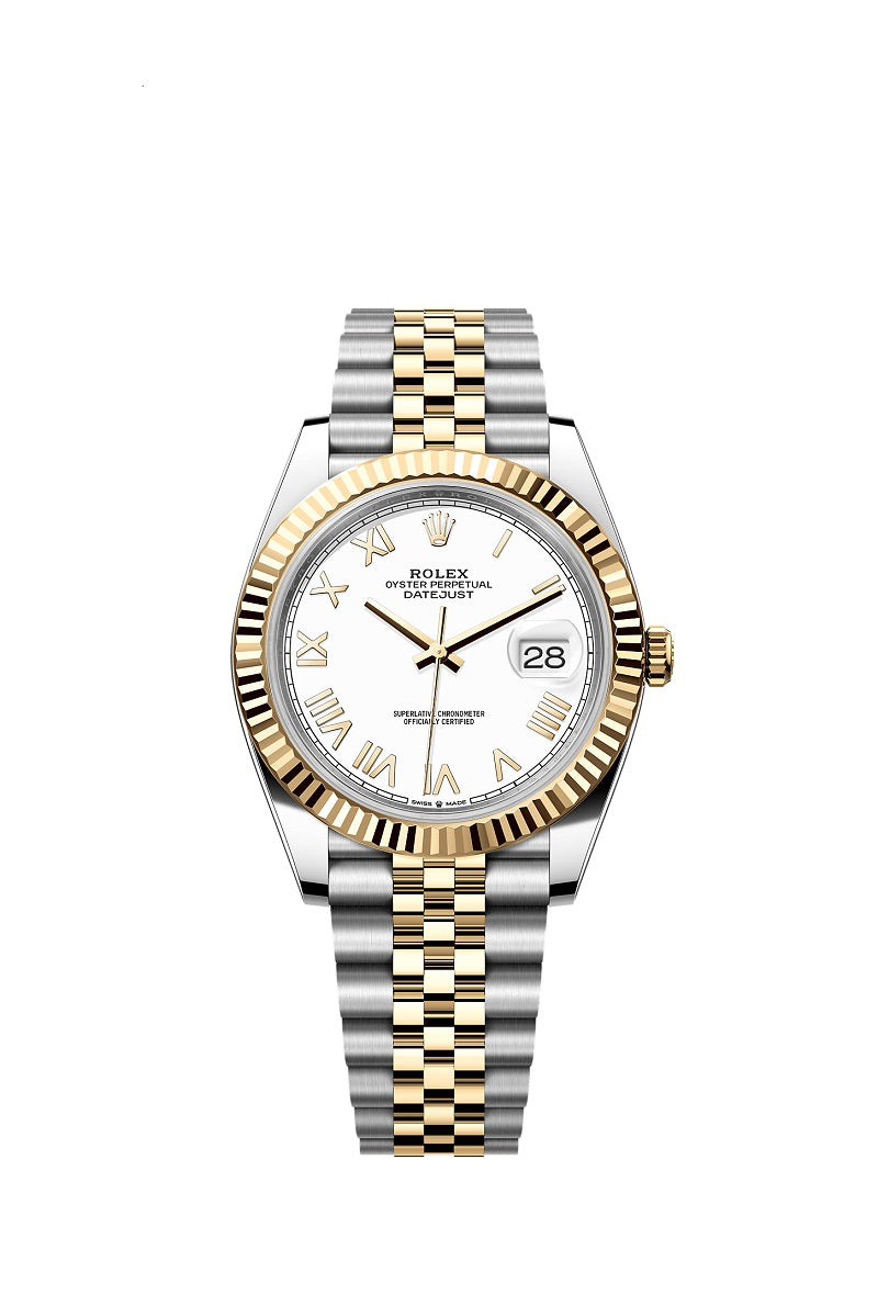 Rolex Datejust 41, Oystersteel and 18k Yellow Gold, Intense White Roman dial, Fluted Jubilee, Ref# 126333-0026