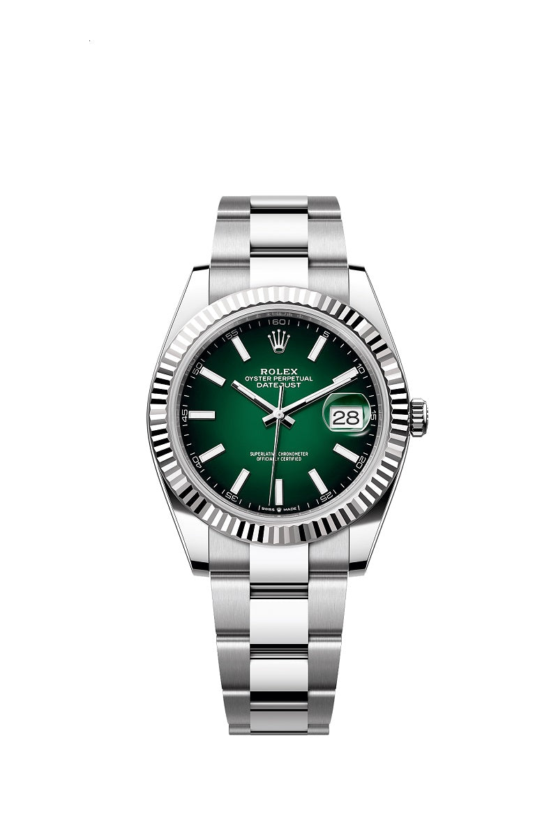Rolex Datejust 41, Oystersteel and 18k White Gold, Green ombré dial, Fluted Oyster, Ref# 126334-0033